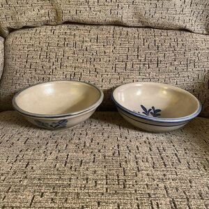 Lot of 2 Rowe Pottery Works Salt Glaze Stoneware Cereal Bowls 7” Blue Floral